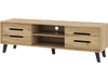 Mid Century Modern TV stand with natural wood grain finish, sliding doors, and cable hole for TVs up to 65 inches.