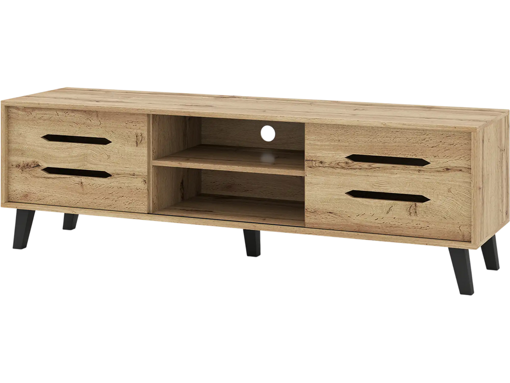 Mid Century Modern TV stand with natural wood grain finish, sliding doors, and cable hole for TVs up to 65 inches.
