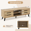Mid Century Modern TV stand dimensions with sliding doors, cable hole, and natural wood grain finish for 65-inch TVs.