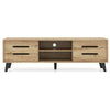 Mid Century Modern TV stand showcasing two sliding doors, open shelf, and natural wood grain finish for stylish storage.