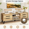 Mid Century Modern TV stand with natural wood grain finish, featuring sliding doors, cable hole, and ample storage.