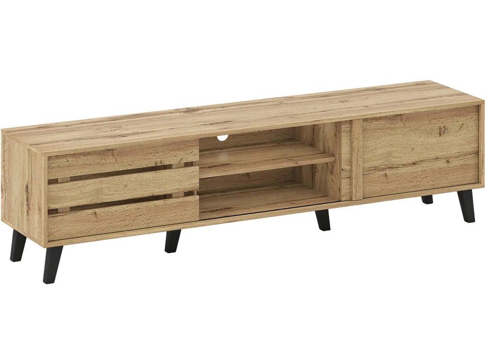 Mid Century Modern TV stand in oak with sliding doors, storage shelves, and space for 80-inch TVs, perfect for living.