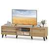 Mid Century Modern TV stand in oak with a clean design, featuring sliding doors and open shelving for stylish storage.