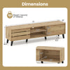 Mid Century Modern TV stand dimensions with sliding door cabinets, oak finish, and ample storage for TVs up to 80.