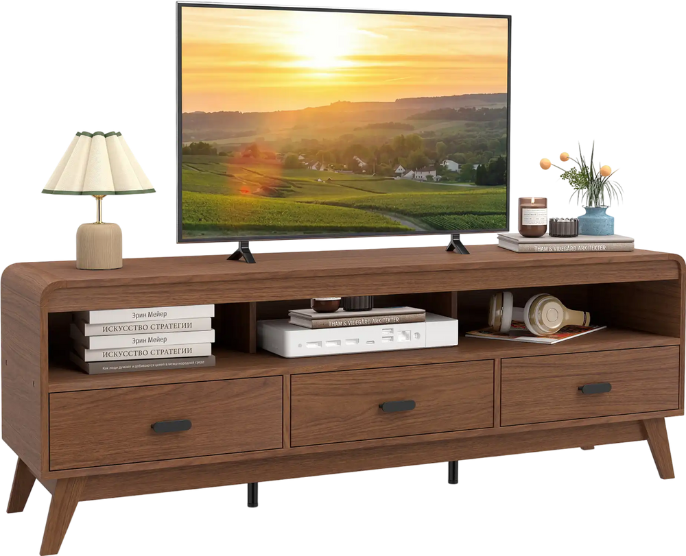 Mid Century Modern TV stand in walnut finish with 3 drawers and open shelves, suitable for TVs up to 70", for stylish.