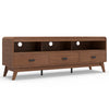 Mid Century Modern TV stand in walnut with 3 storage drawers and open shelves, suitable for TVs up to 70".