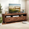 Mid Century Modern TV stand in walnut finish with 3 storage drawers and open shelves, suitable for TVs up to 70".
