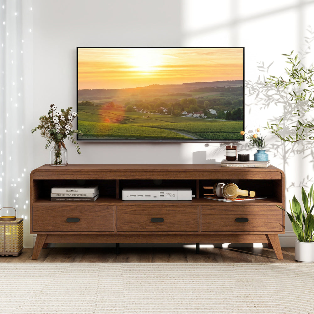 Mid Century Modern TV stand in walnut finish with three storage drawers and open shelves for TVs up to 70".