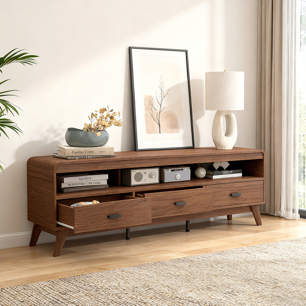 Mid Century Modern TV stand in walnut finish with 3 storage drawers and open shelves, perfect for TVs up to 70".