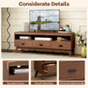 Mid Century Modern TV stand in walnut with 3 storage drawers, open shelves, and rounded corners for TVs up to 70".