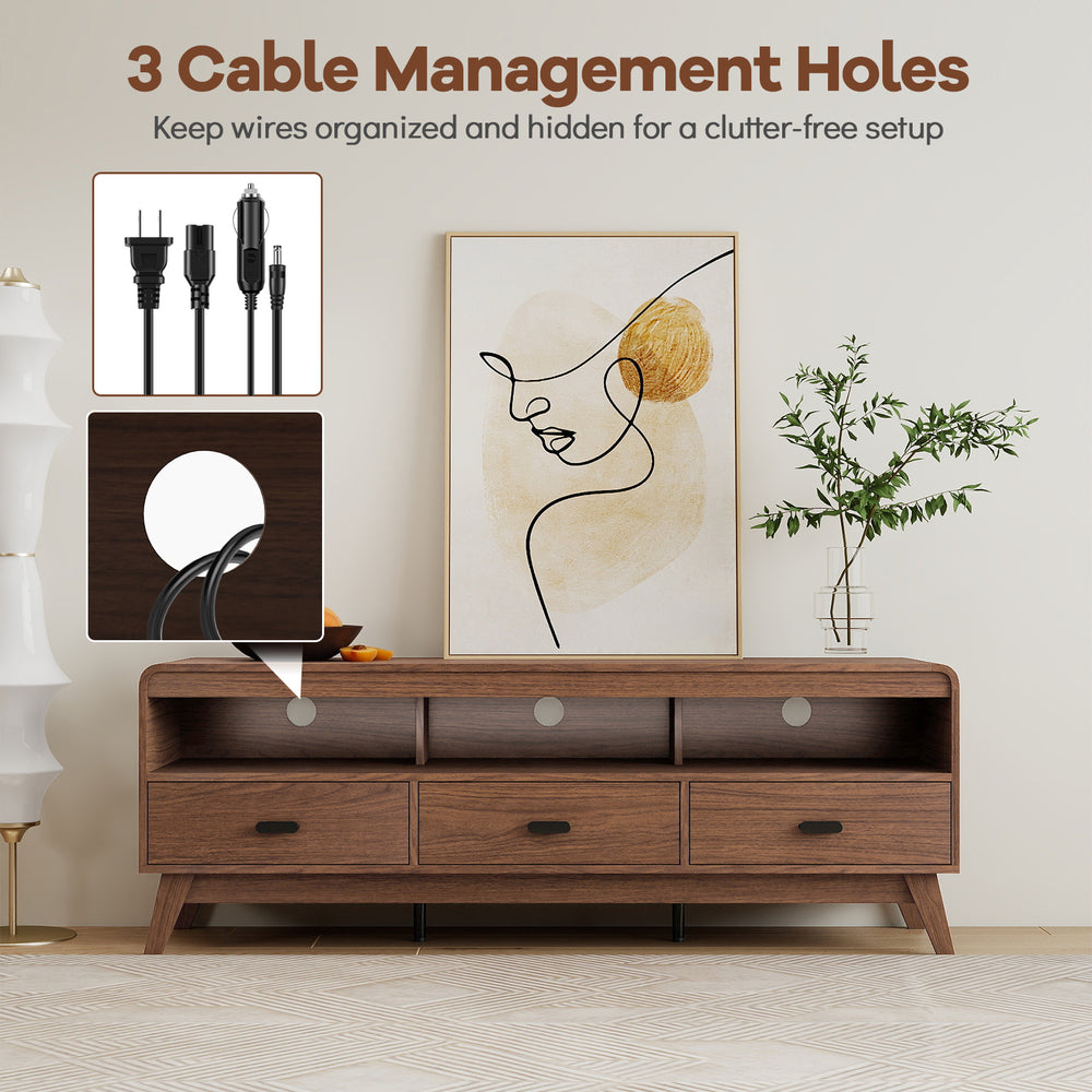Mid Century Modern TV stand in walnut finish with 3 drawers and 3 cable management holes for organized setup.