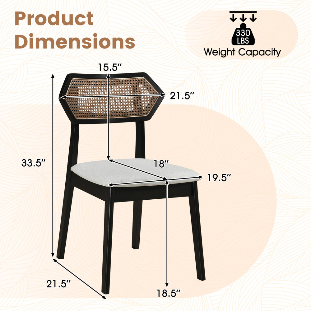 Mid Century Rattan Dining Chair dimensions showing ergonomic design, solid wood frame, and woven rattan back for comfort.