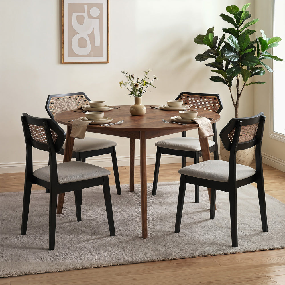 Mid Century Rattan Dining Chairs Set of 4 with Rattan Back-Black - Gallery View 1 of 9