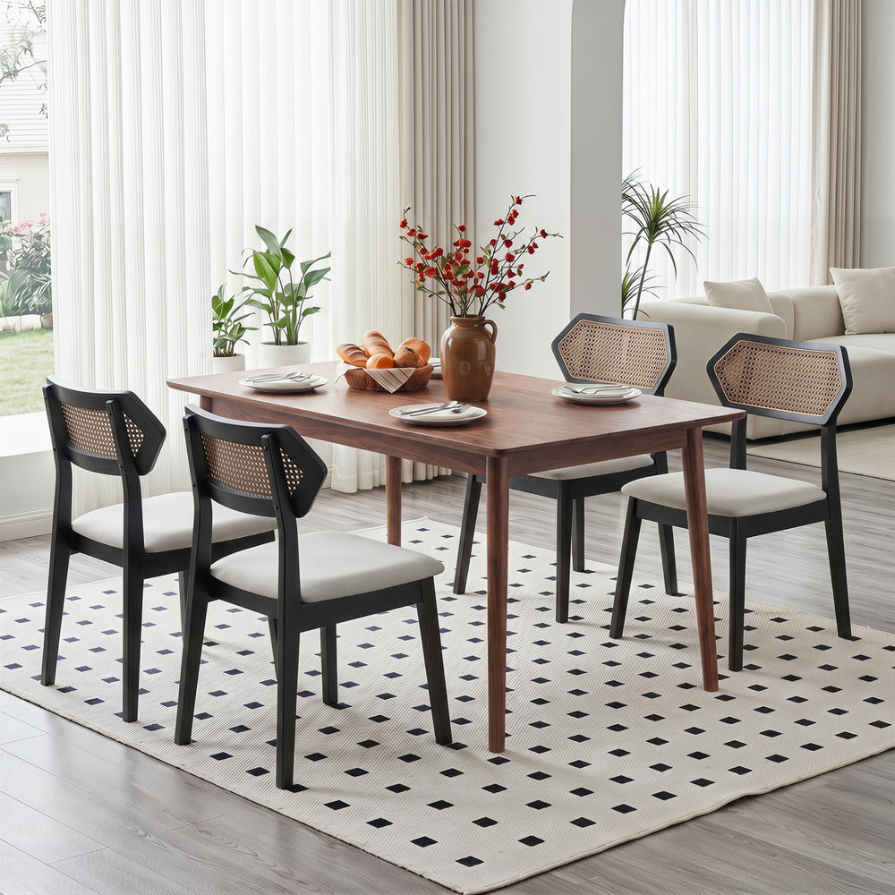 Mid Century Rattan Dining Chairs set of 4 with ergonomic backrest and solid wood frame, perfect for dining rooms or cafes.