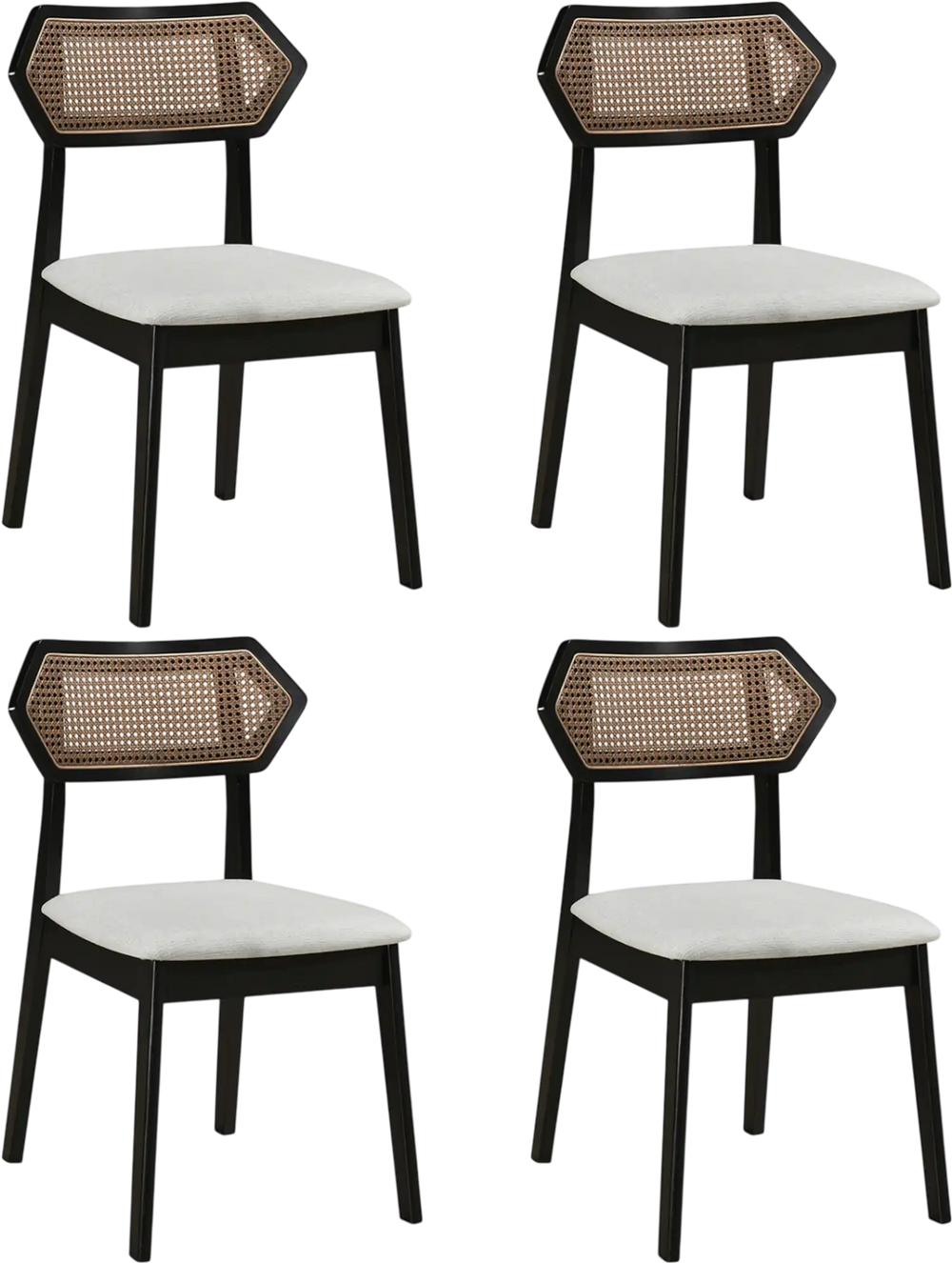 Set of 4 Mid Century dining chairs with a black solid wood frame and woven rattan backs for stylish, comfortable seating.