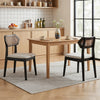Mid Century Rattan Dining Chairs set features a black frame and woven rattan back, perfect for kitchens or dining rooms.