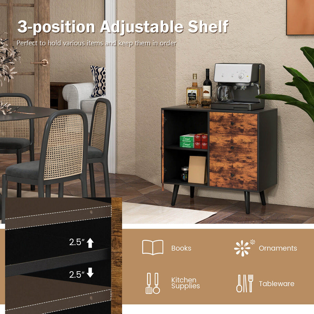 Mid-century wood storage cabinet with door and 3 drawers, featuring adjustable shelves for versatile storage solutions.