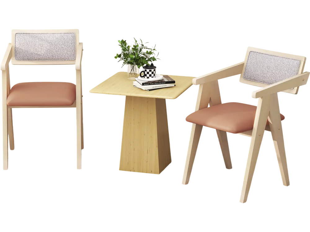 Mid Century Wooden Accent Chairs with Leathaire cushions in beige, featuring ergonomic design and solid rubber wood.