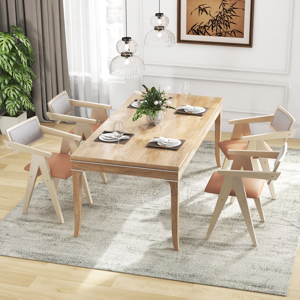 Mid-century wooden accent chairs with leathaire seat cushions in beige, perfect for dining or living room settings.