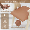 Thick beige seat cushion with high-density sponge filling on a mid-century wooden accent chair for comfortable seating.