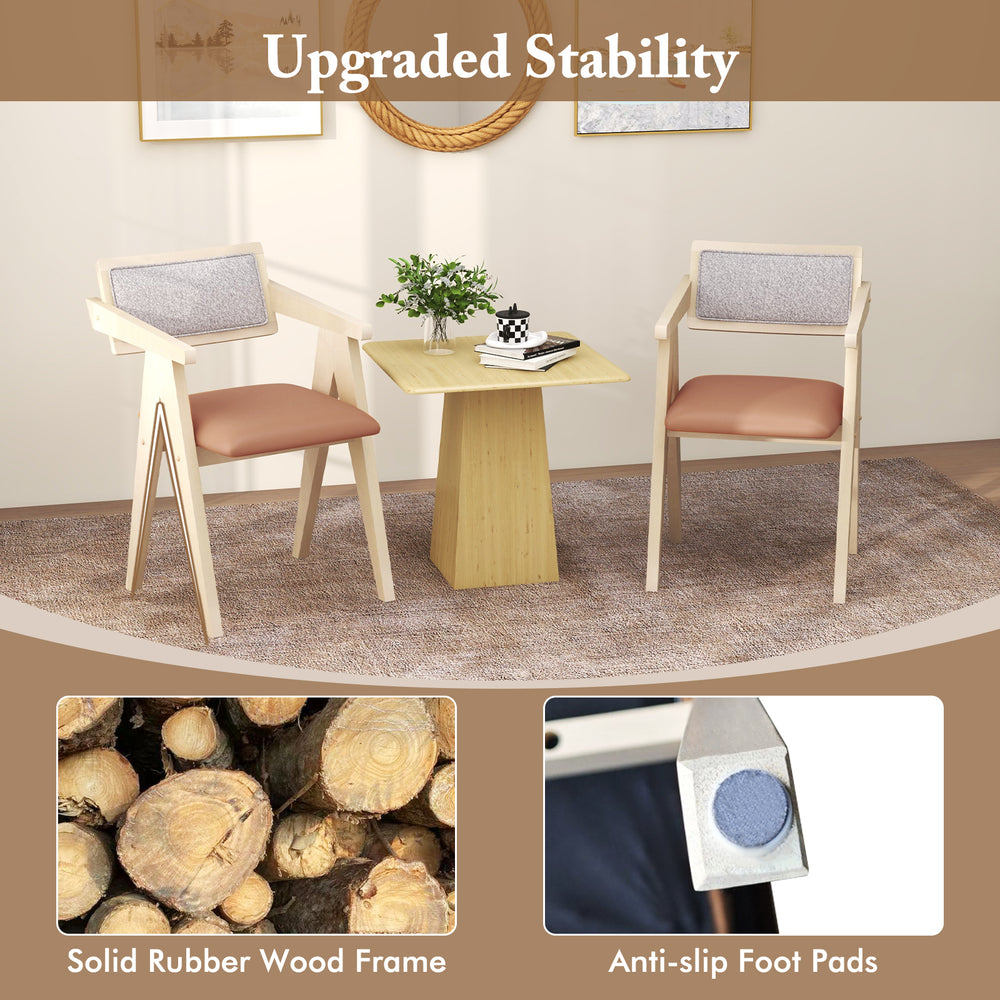 Mid-century wooden accent chairs with beige leathaire cushions, featuring a solid rubber wood frame and anti-slip foot.