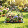 Mini greenhouse with metal frame and waterproof bottom mat, showcasing potted flowers in a garden setting.