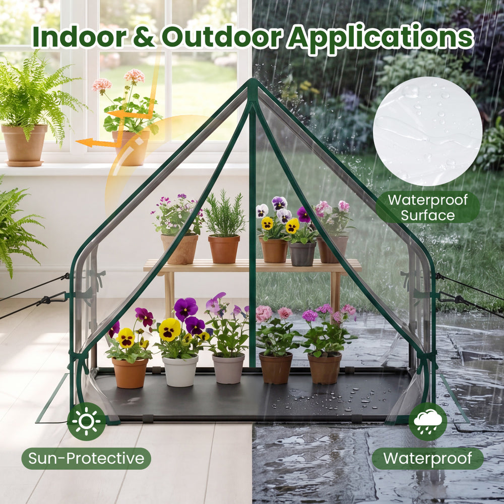 Mini greenhouse with waterproof surface and metal frame, ideal for indoor and outdoor plant protection.