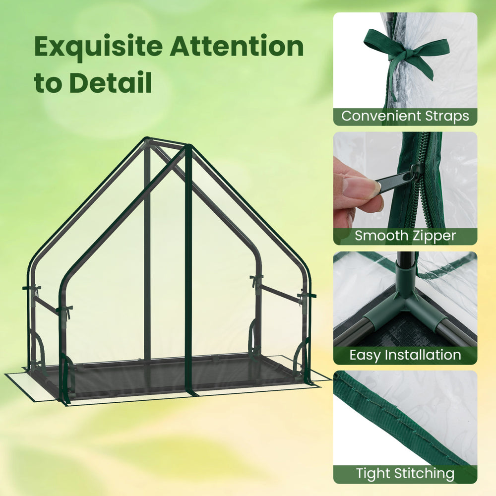 Mini greenhouse with a sturdy metal frame, waterproof bottom mat, and smooth zipper for easy access and installation.