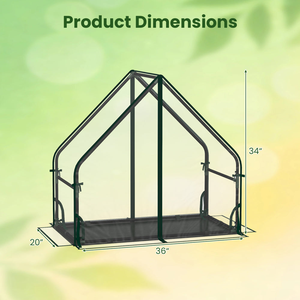 Mini greenhouse with metal frame, waterproof bottom mat, dimensions 20" x 36" x 34", ideal for garden and balcony use.