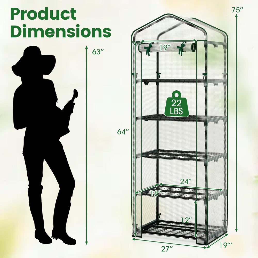 Mini greenhouse with 5 tier shelves, rustproof frame, and roll-up door, perfect for balcony gardening.