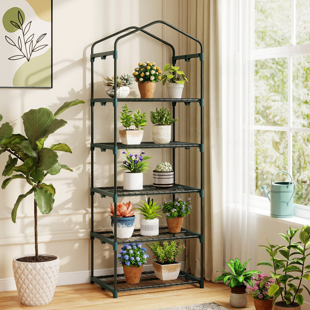 Mini greenhouse with 5 tier shelves, rustproof metal frame, and plants arranged for balcony or terrace use.