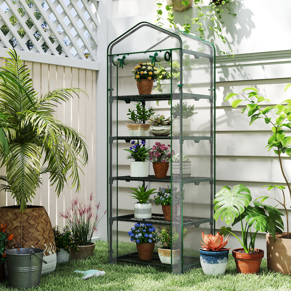 Mini greenhouse with 5 tier shelves, rustproof metal frame, and roll-up door, perfect for balcony plant organization.