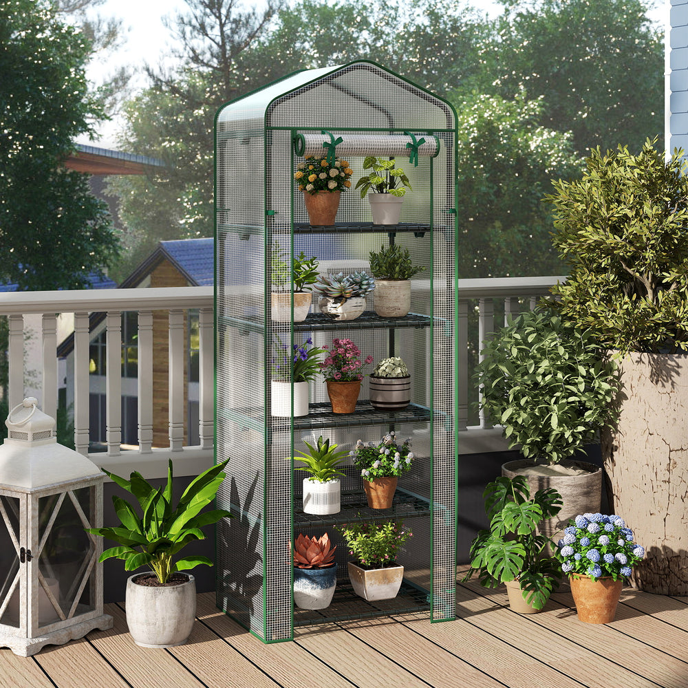 Portable mini greenhouse with 5 tier shelves, rustproof frame, and roll-up door, perfect for balcony plant growth.