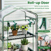 Mini greenhouse with roll-up door, 5 tier shelves, and PE grid cover for optimal plant growth and airflow control.
