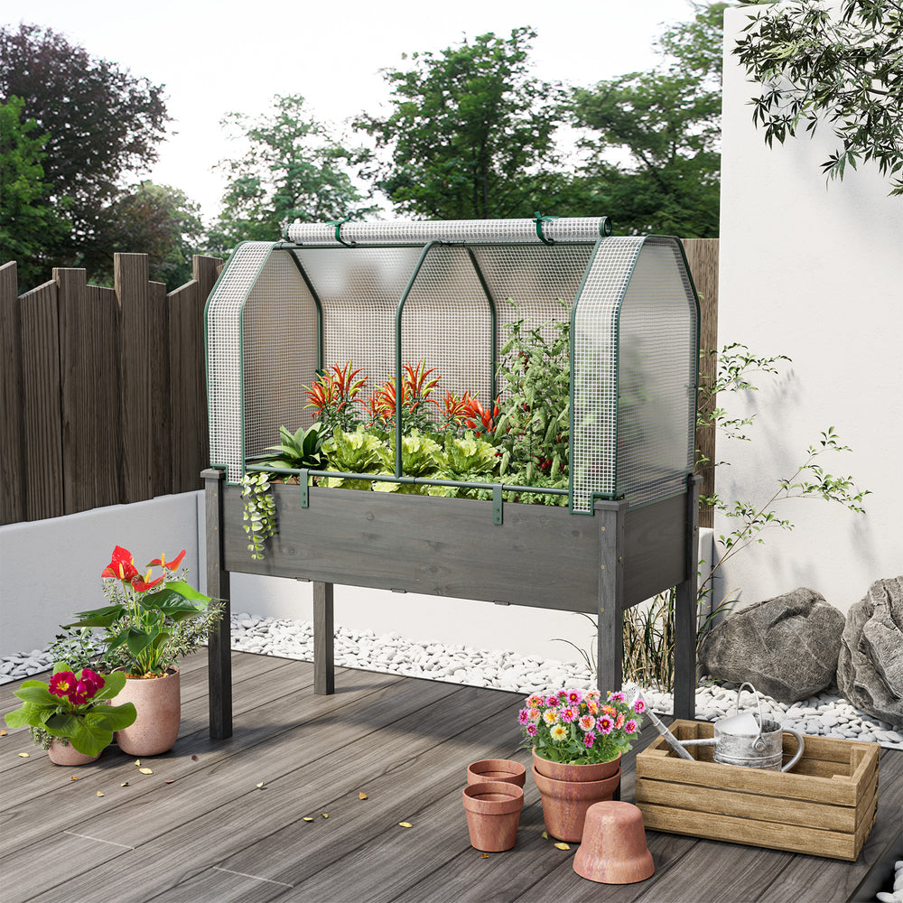 Mini greenhouse with roll-up zipper door, powder-coated metal frame, and PE cover for sun protection and weather.