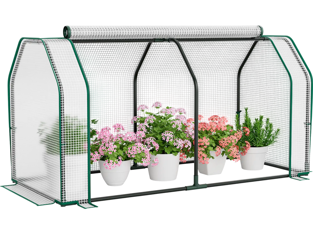 Mini greenhouse with roll-up zipper door, 47.5 x 21.5 x 24 inches, featuring a sturdy metal frame and PE cover for.