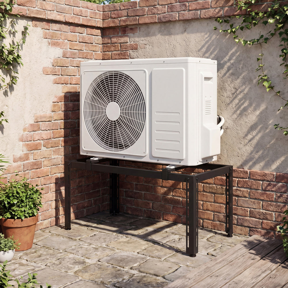 Adjustable black ground stand for mini split air conditioners, elevating units for stability and protection from.