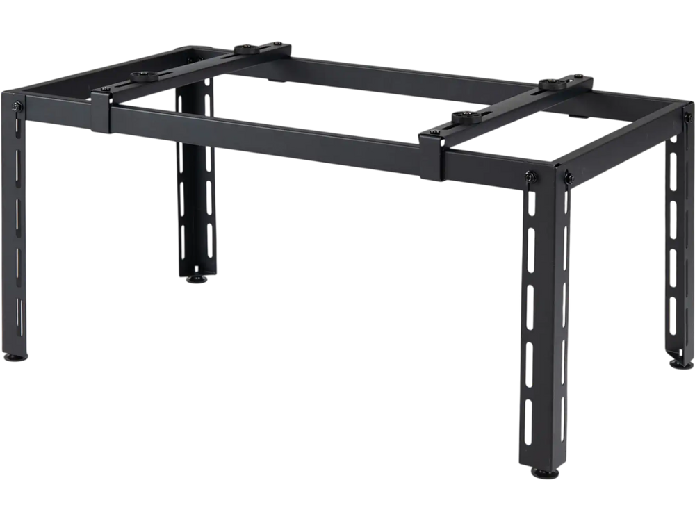 Adjustable black mini split ground stand for ductless air conditioners, featuring a sturdy metal frame and.