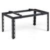 Adjustable black metal ground stand for mini split air conditioners, featuring anti-vibration pads for stability.