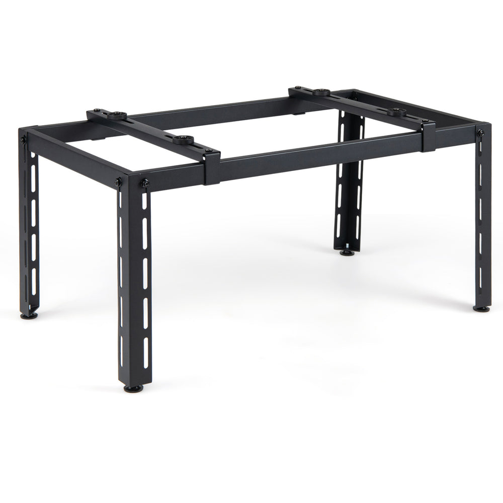 Adjustable black metal ground stand for mini split air conditioners, featuring anti-vibration pads for stability.