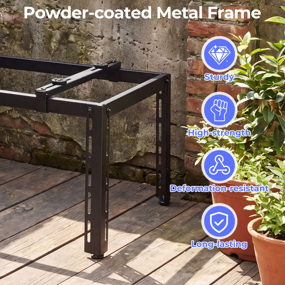 Adjustable black powder-coated metal frame for mini split AC units, featuring sturdy construction and anti-vibration.