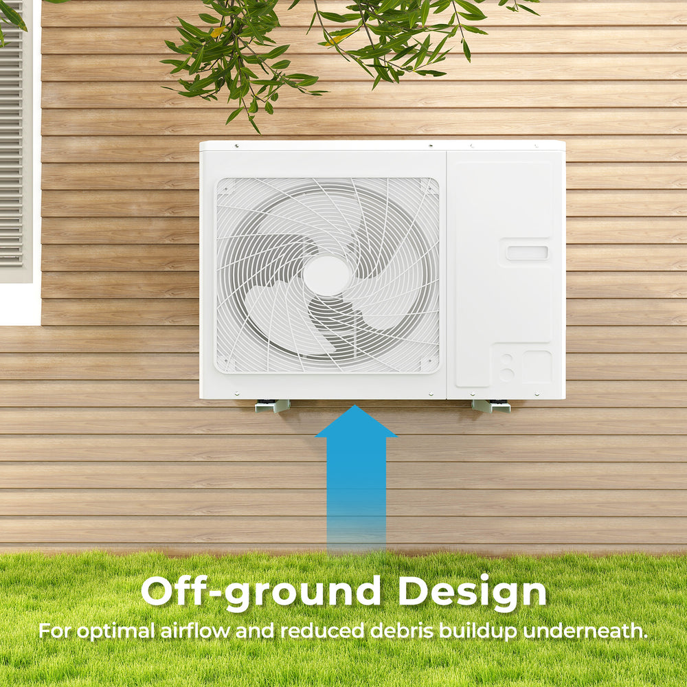 Mini split wall mounting bracket with off-ground design for optimal airflow and reduced debris buildup underneath.
