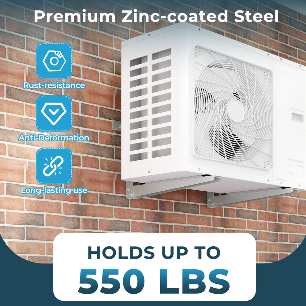 Mini split wall mounting bracket made of zinc-coated steel, supports up to 550 lbs, designed for 12000-24000 BTU AC.