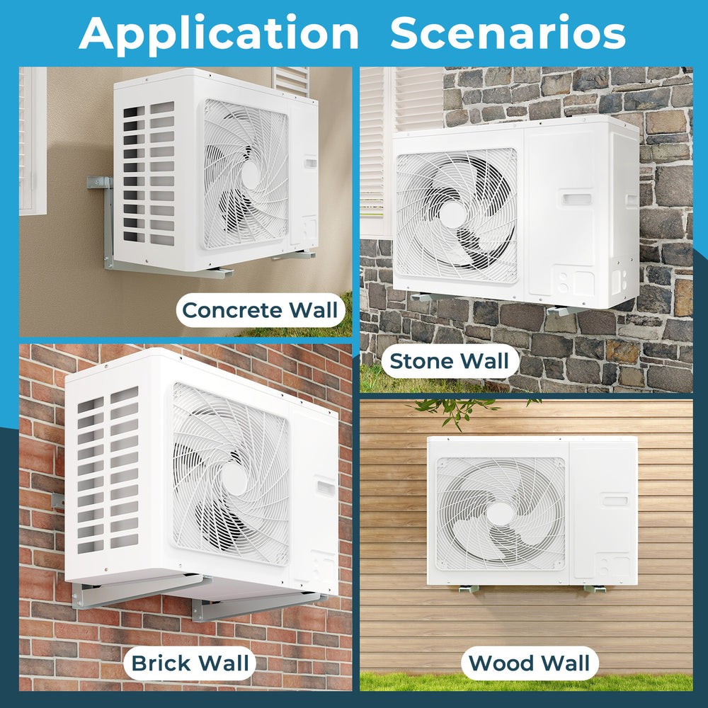 Mini split wall mounting bracket for 12000-24000 BTU AC, shown mounted on various wall types for versatile installation.