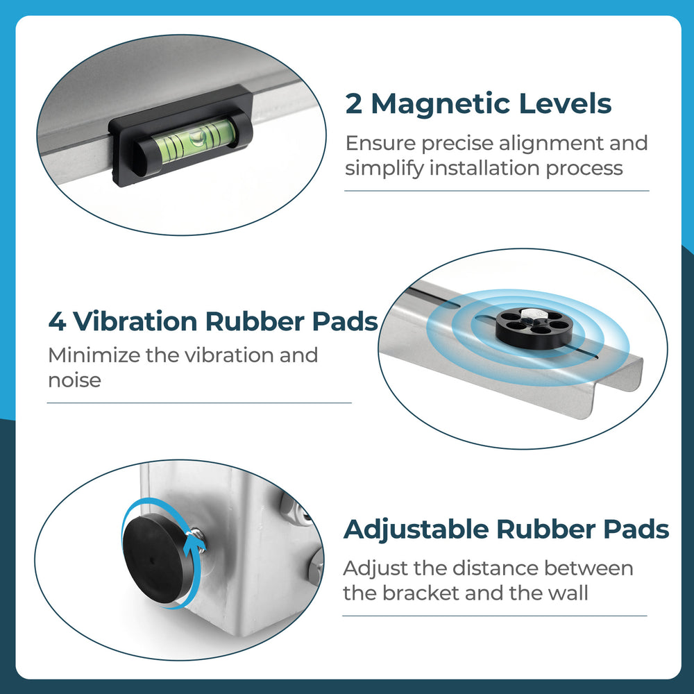 Mini split wall mounting bracket with magnetic levels, adjustable rubber pads, and anti-vibration dampers for AC.