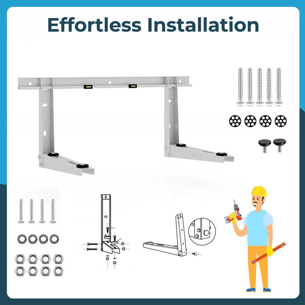 Mini split wall mounting bracket made of zinc-coated steel with adjustable crossbar for 6000-12000 BTU AC units.