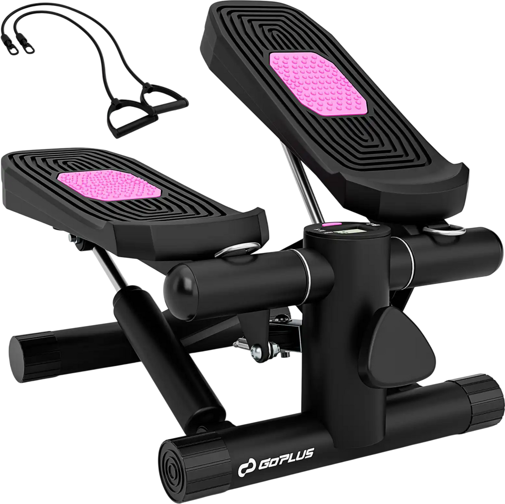 Mini stepper with adjustable height and resistance bands, featuring anti-slip pedals for safe home workouts.