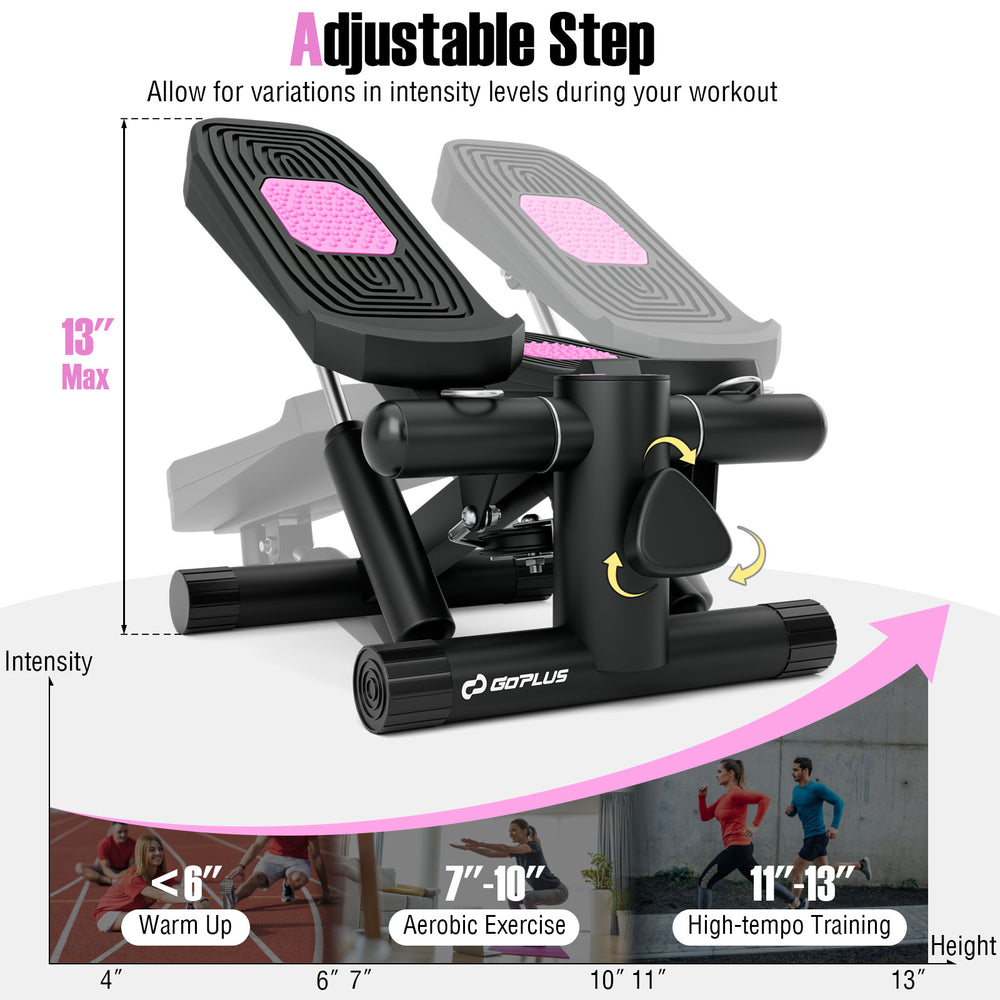 Mini stepper with adjustable height and resistance bands for home exercise, featuring anti-slip pedals and sturdy.