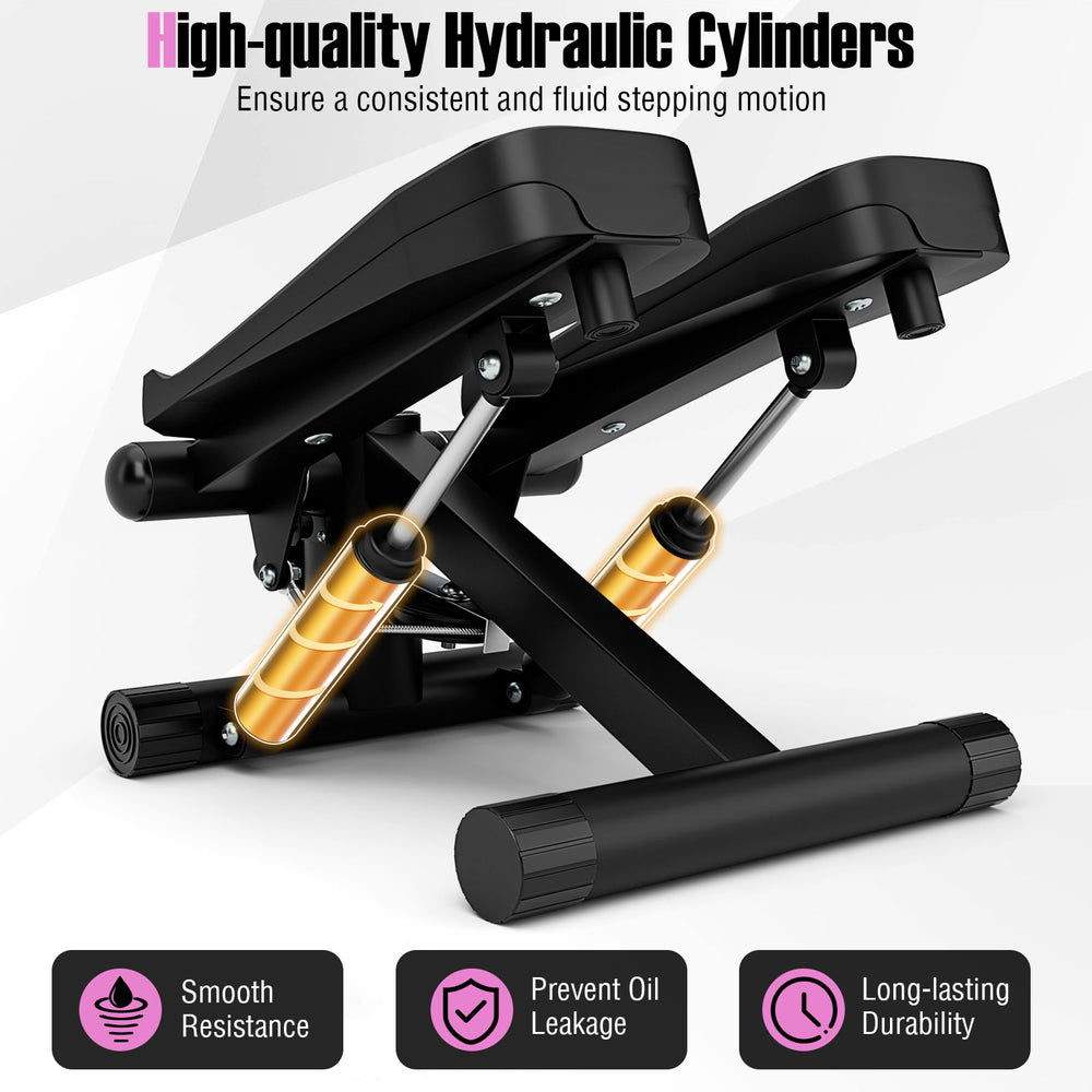 High-quality hydraulic cylinders of the black mini stepper ensure smooth, fluid motion for effective home workouts.