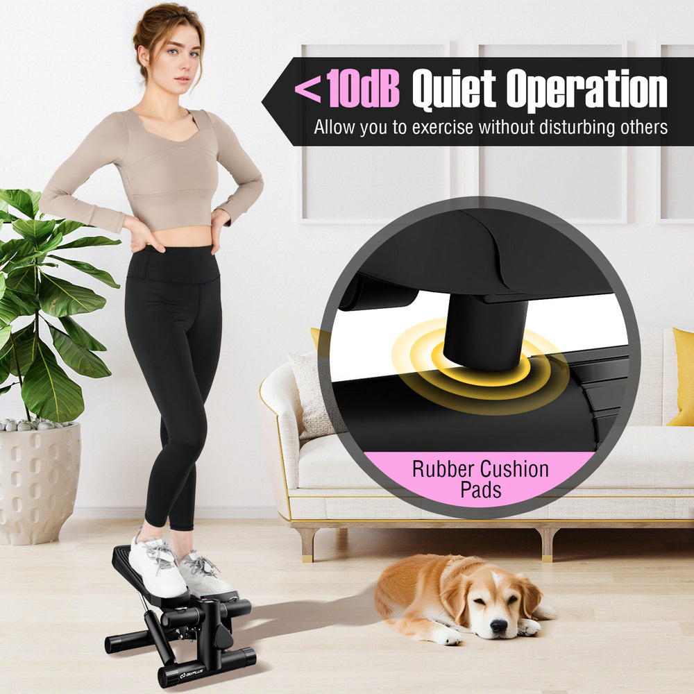Mini stepper with resistance bands and adjustable height, featuring anti-slip pedals and quiet operation for home.
